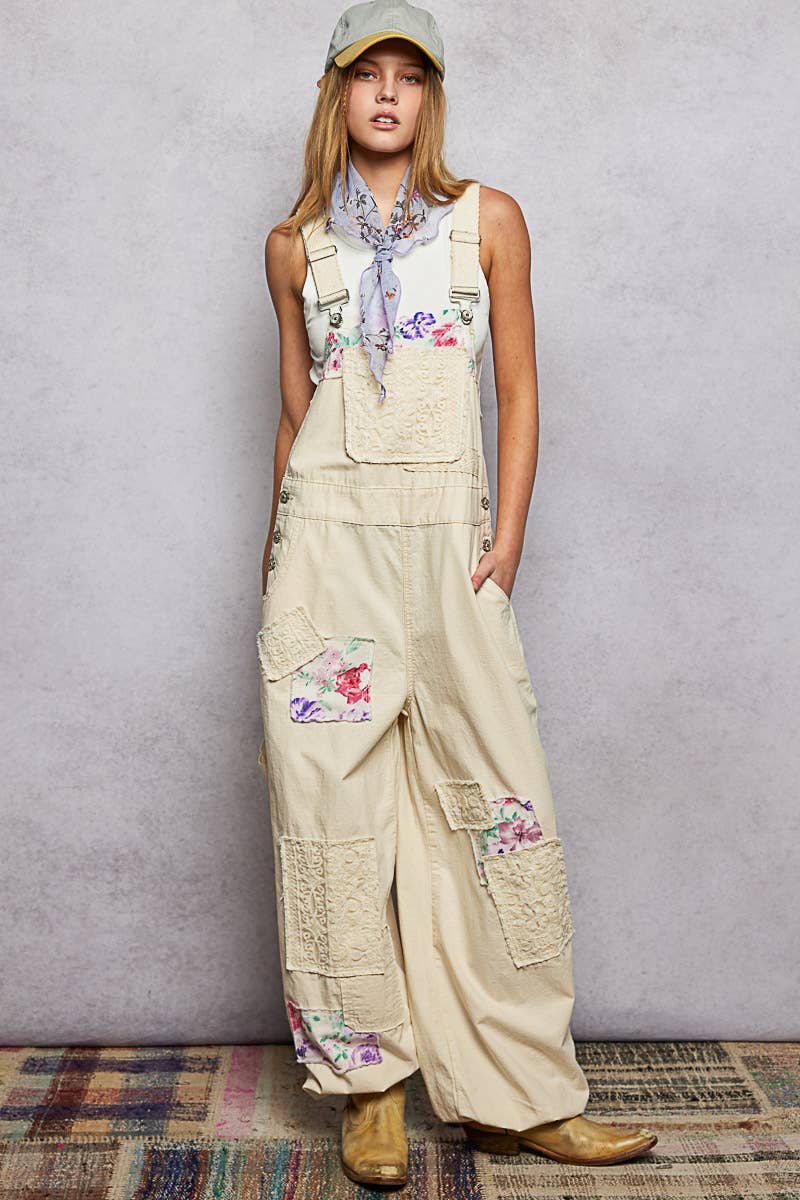 Printed Lace Patch Trim Strap Relaxed Fit Jogger Overall