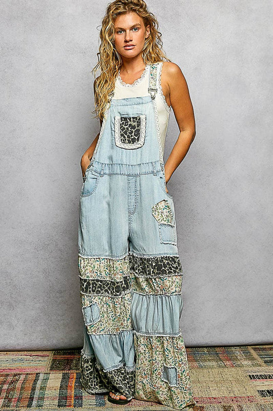 Feminine Mixed Printed Fabric Ruffle Wide Leg Overall