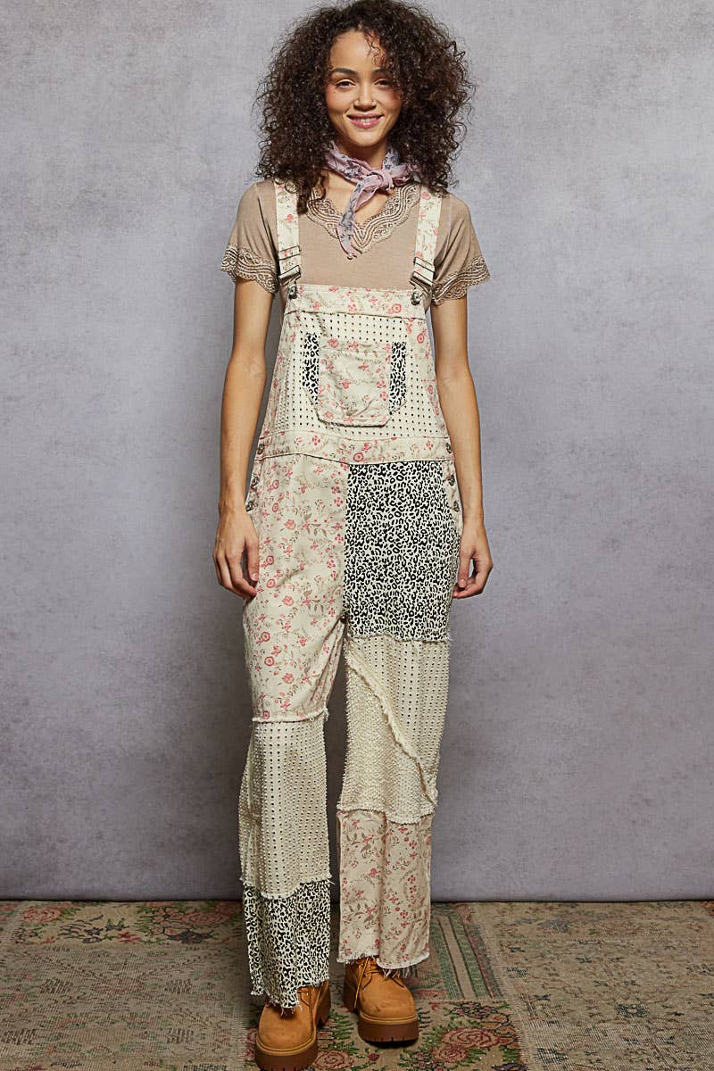 Overalls Animal/Floral Printed Frayed Edge Twill Woven overalls: DENIM S - L