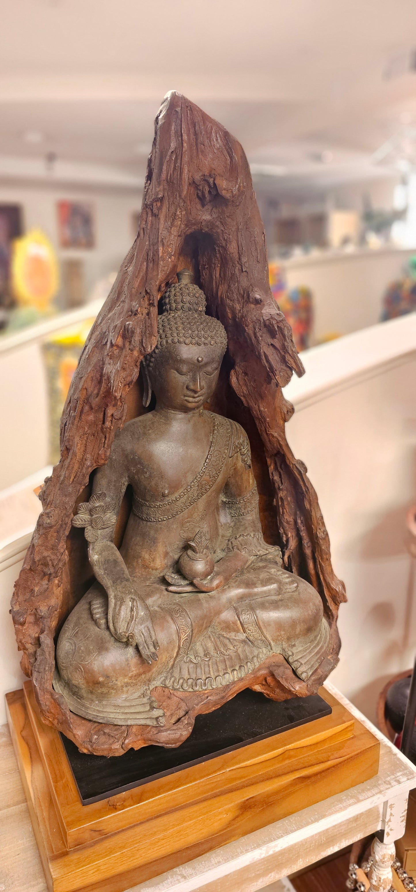 Buddha with Hand Drawn- Bronze Encased in Wood