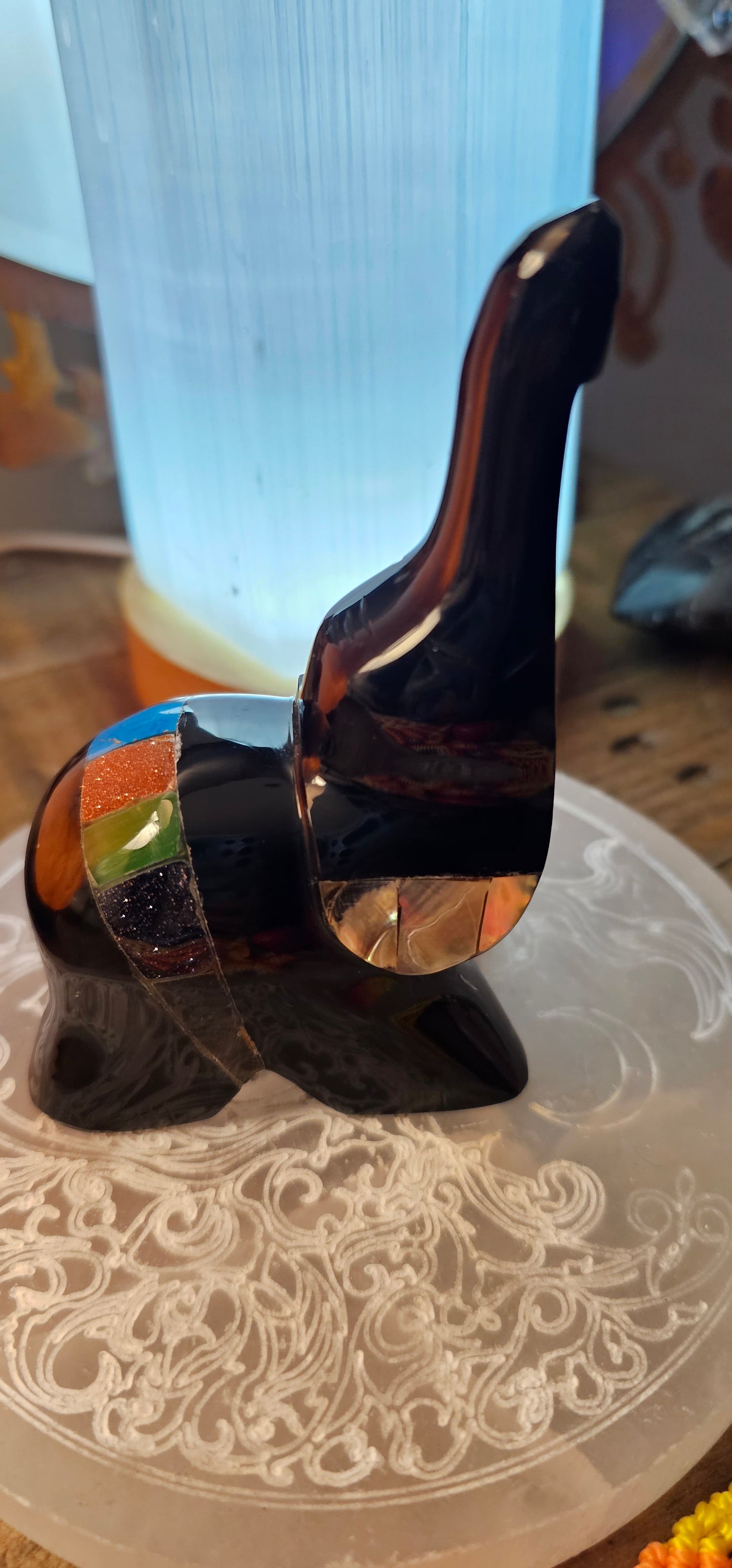 Black Obsidian Elephant with abalone ears & stone inlay