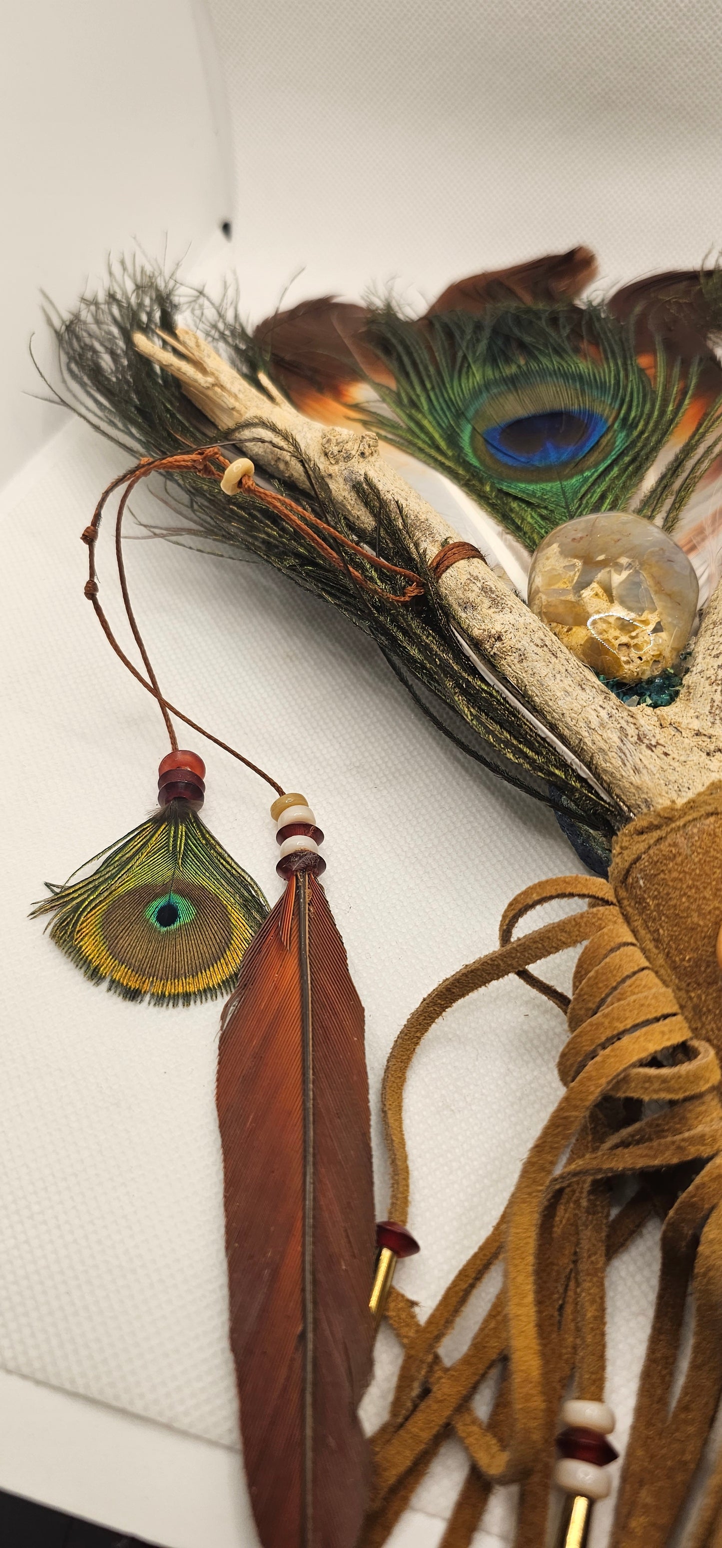 Feather Fan- Empowerment Healing Themed Fan with Peacock Feathers