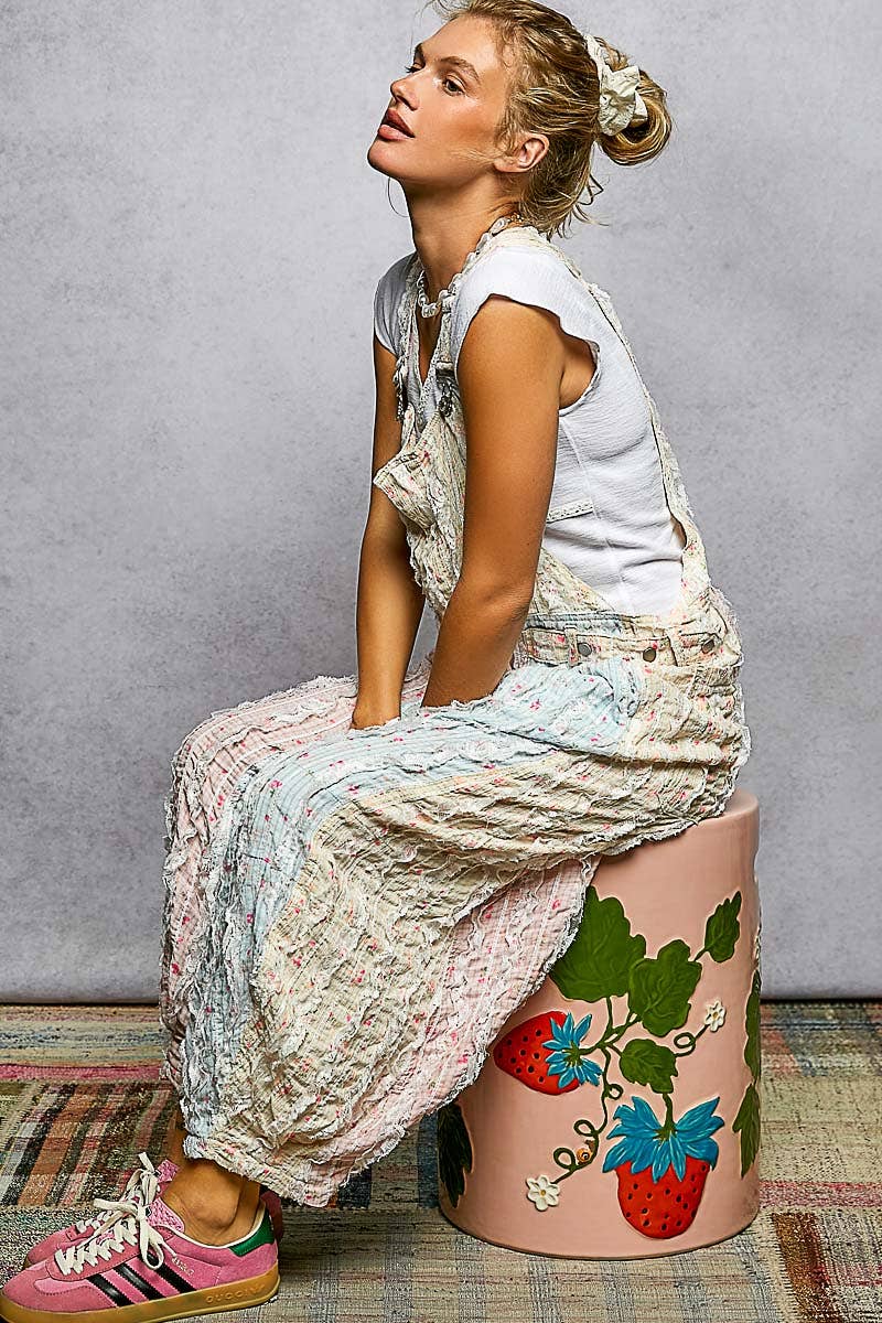Boho Floral Print Lace Trim Woven Front Zip Overall