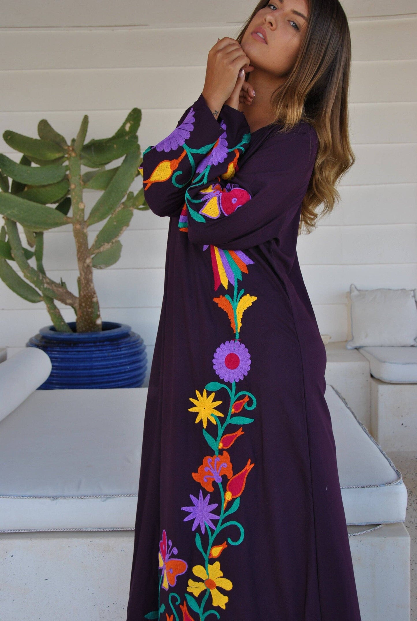 Purple peacock embroidered Caftan, caftans for women, embroidered Caftan dress, Caftan maxi dress, Caftans for women, cotton Caftans: L