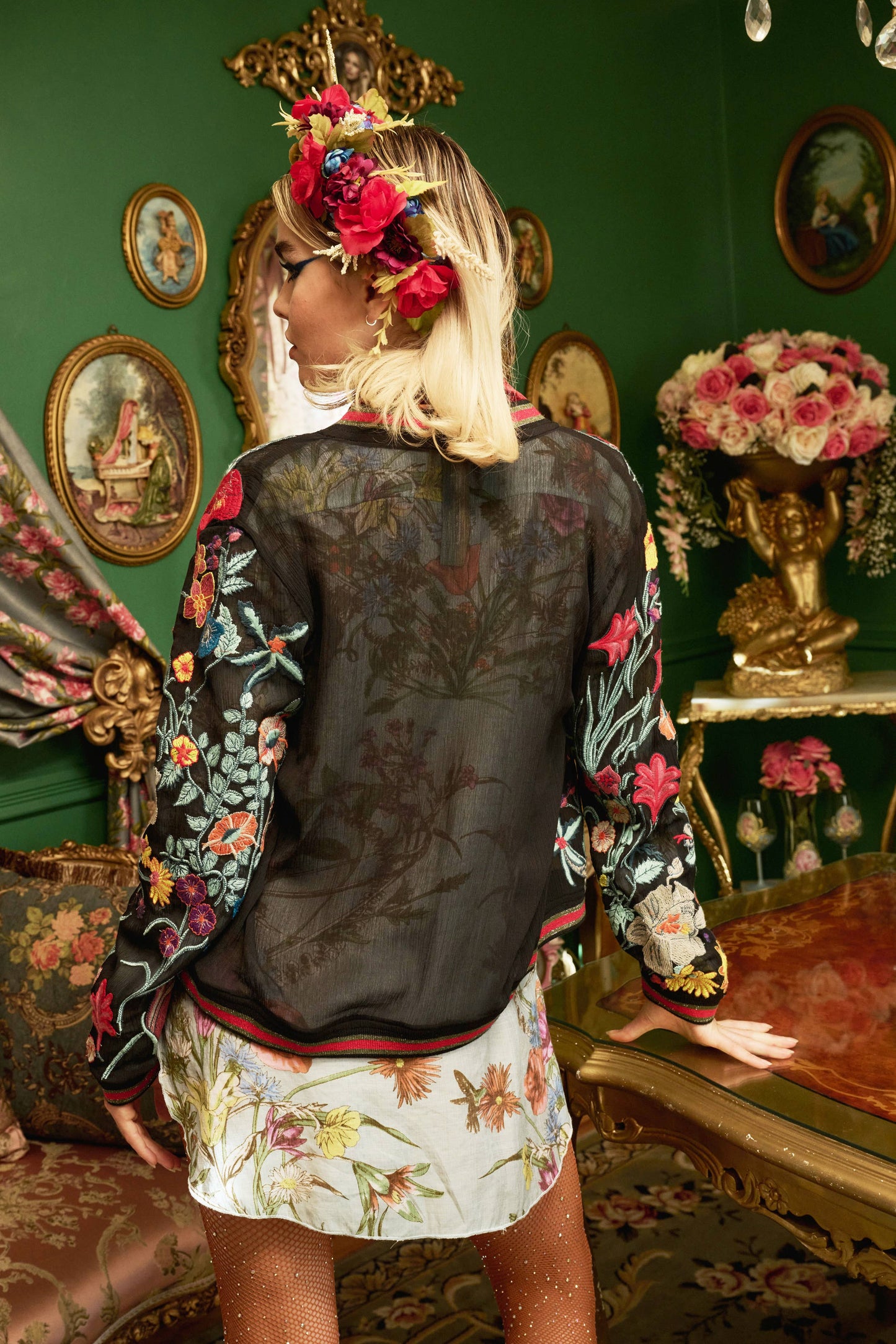 Bellezza Embroidered Bomber Jacket: Black Floral / S