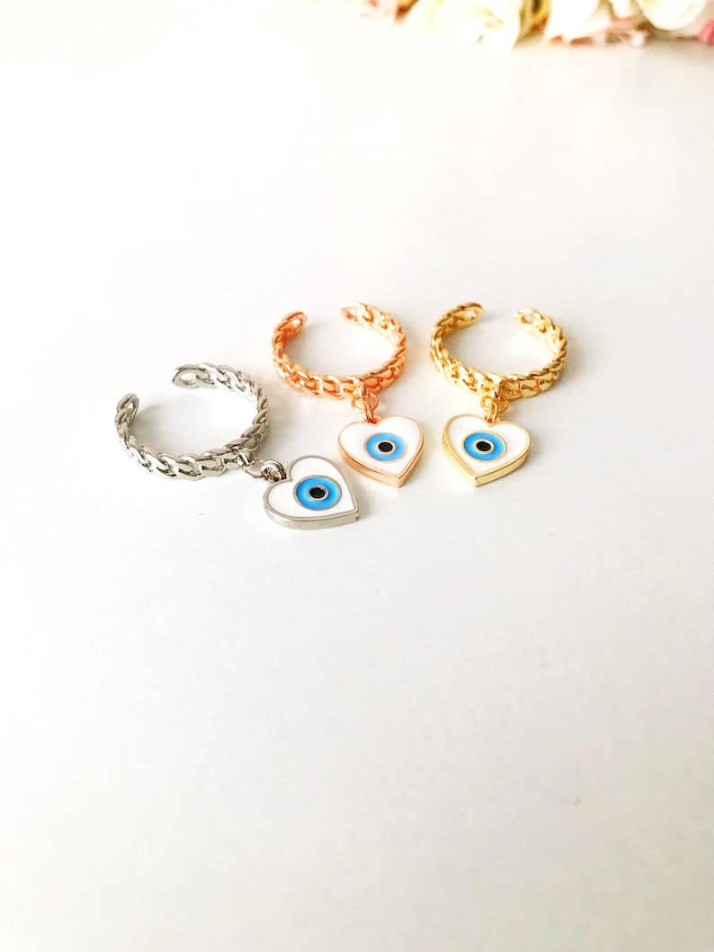Evil Eye Adjustable Ring Fish or Heart Charm