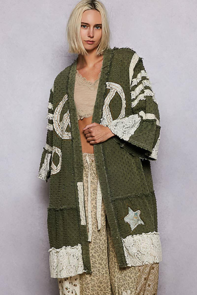 Vintage solid peace patch long cardigan woven top: Black