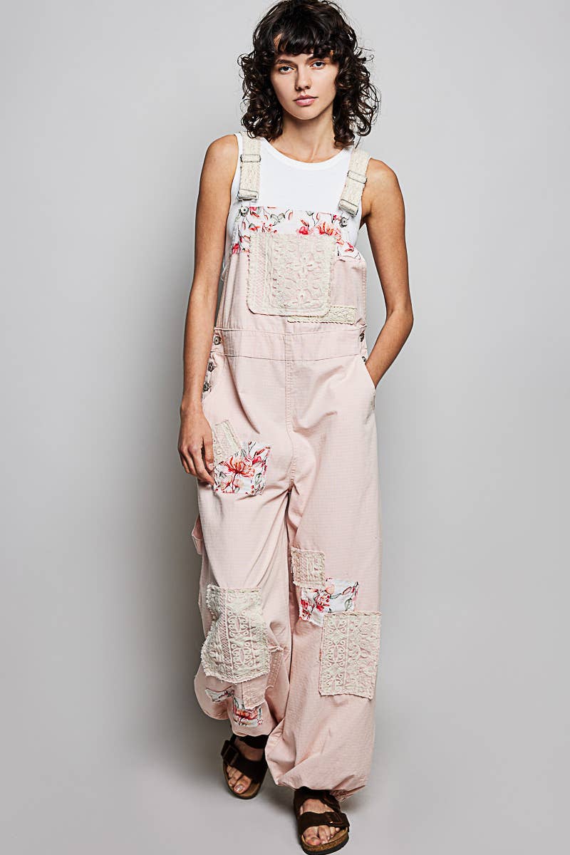 Printed Lace Patch Trim Strap Relaxed Fit Jogger Overall