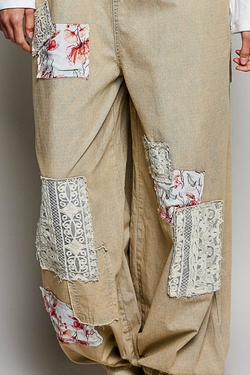 Printed Lace Patch Trim Strap Relaxed Fit Jogger Overall