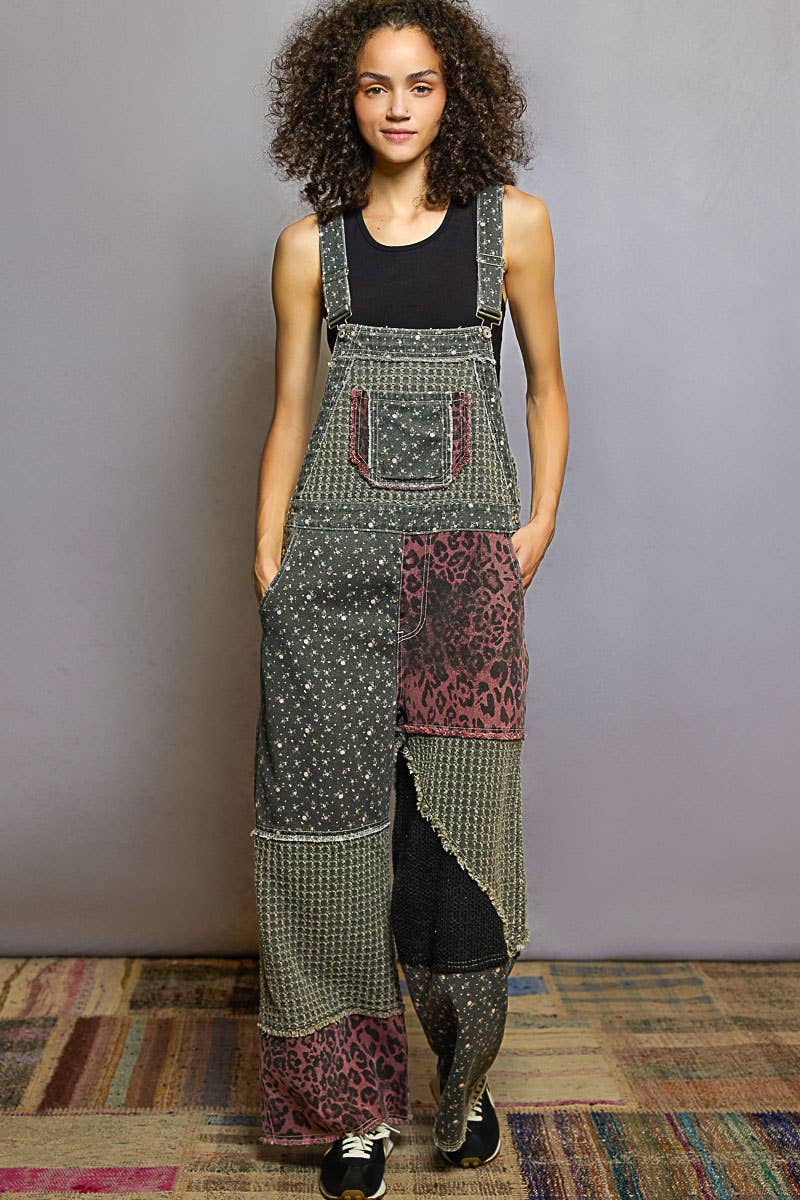 Overalls Animal/Floral Printed Frayed Edge Twill Woven overalls: DENIM S - L