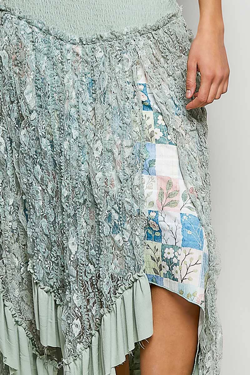 Ruffle Smocked Waist Solid Long Lace Skirt