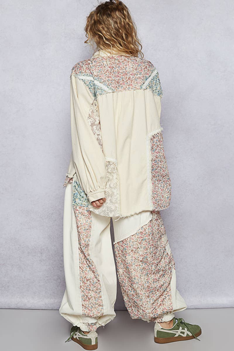 Floral print patchwork twill woven jogger pants