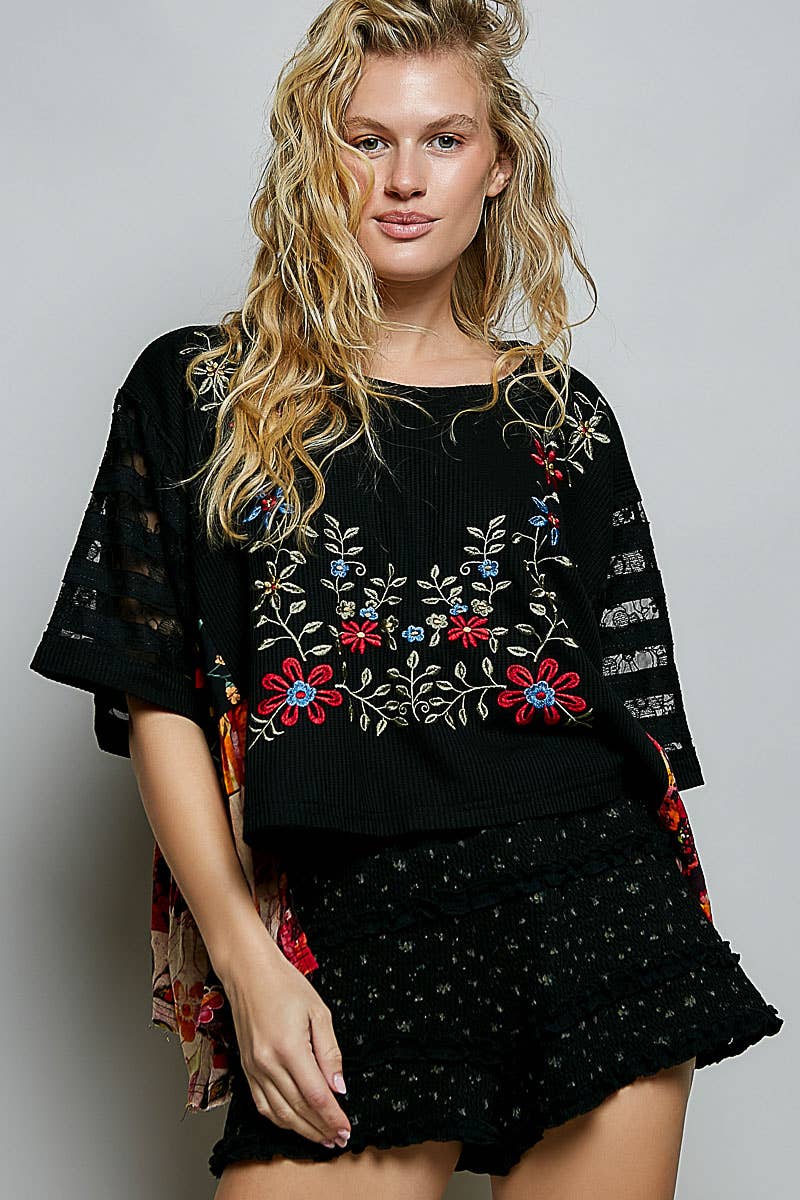 Boho Side Ruffle Detail Floral Embroidery Thermal Top