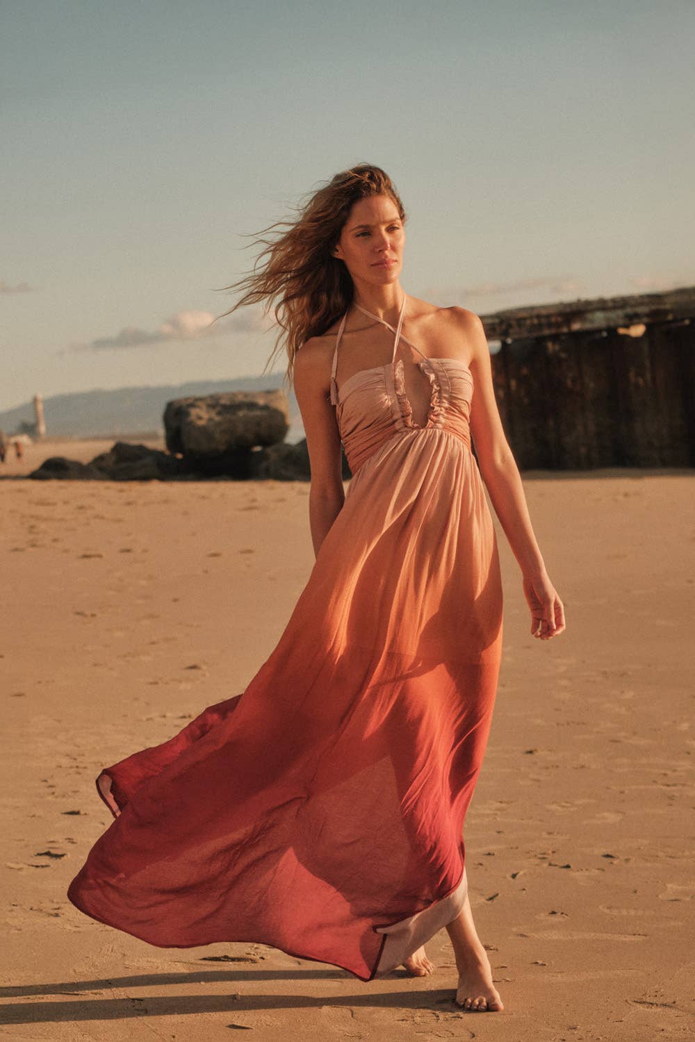Ombre Crepe Tie-Back Halter Pocket Maxi Dress