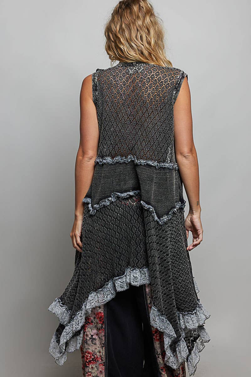 Solid Ruffle Vintage Washed Crochet Vest Casual Cardigan