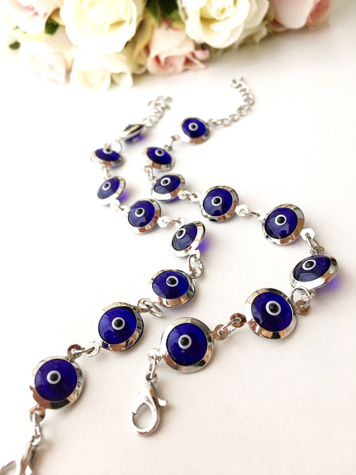 Silver Chain Bracelet, Glass Evil Eye Charm Bracelet, Greek Jewelry