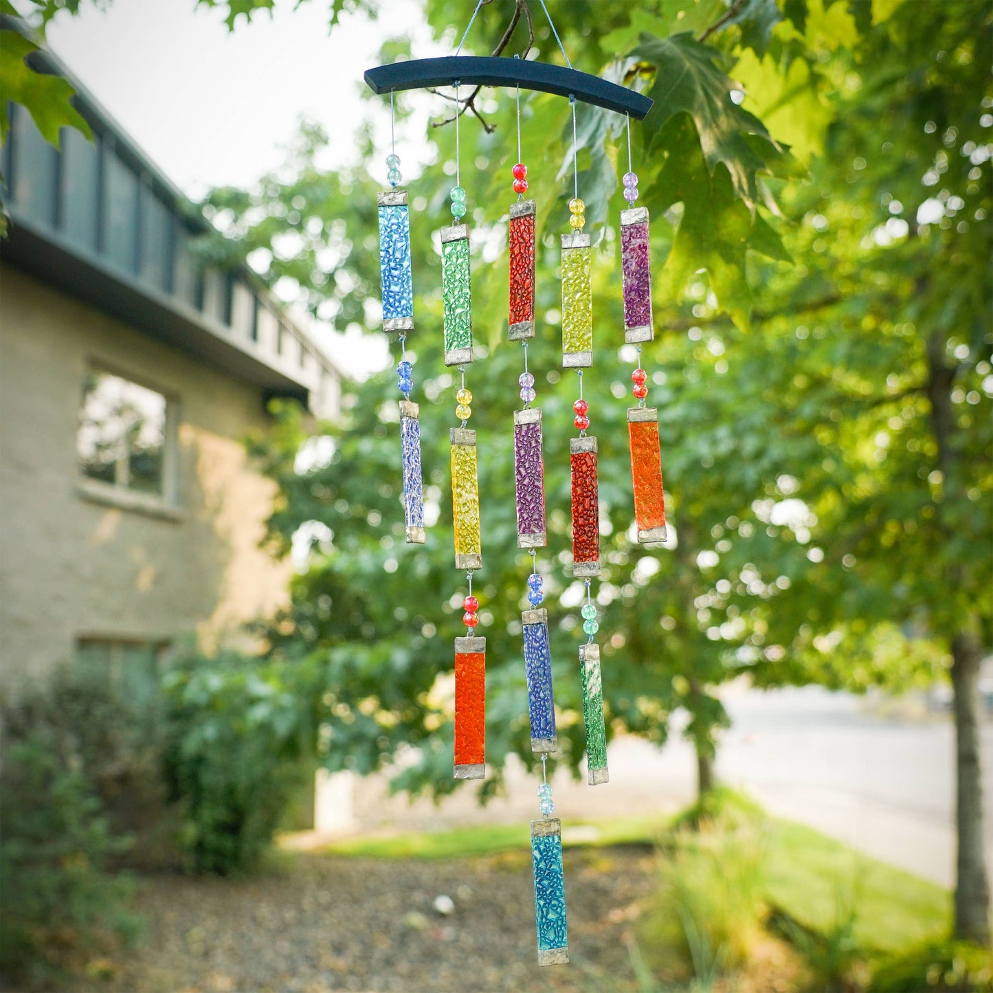 Rainbow Textured Tiered Glass Mobile Wind Chime