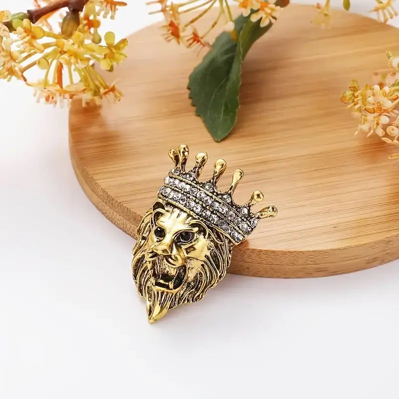 Regal Lion Crown Brooch – Gold & Crystal Suit Pin