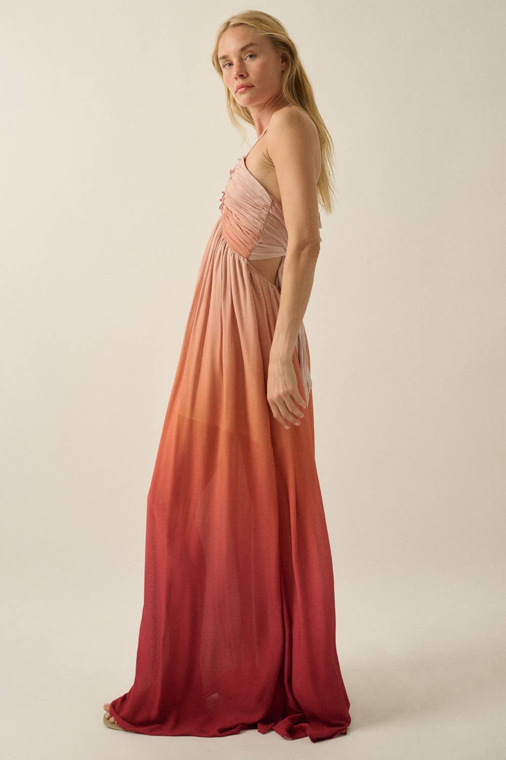 Ombre Crepe Tie-Back Halter Pocket Maxi Dress