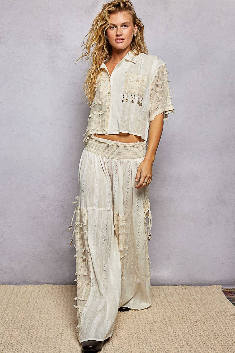 Boho Woven Texture Fringe Shell Beads Short Shirt Top