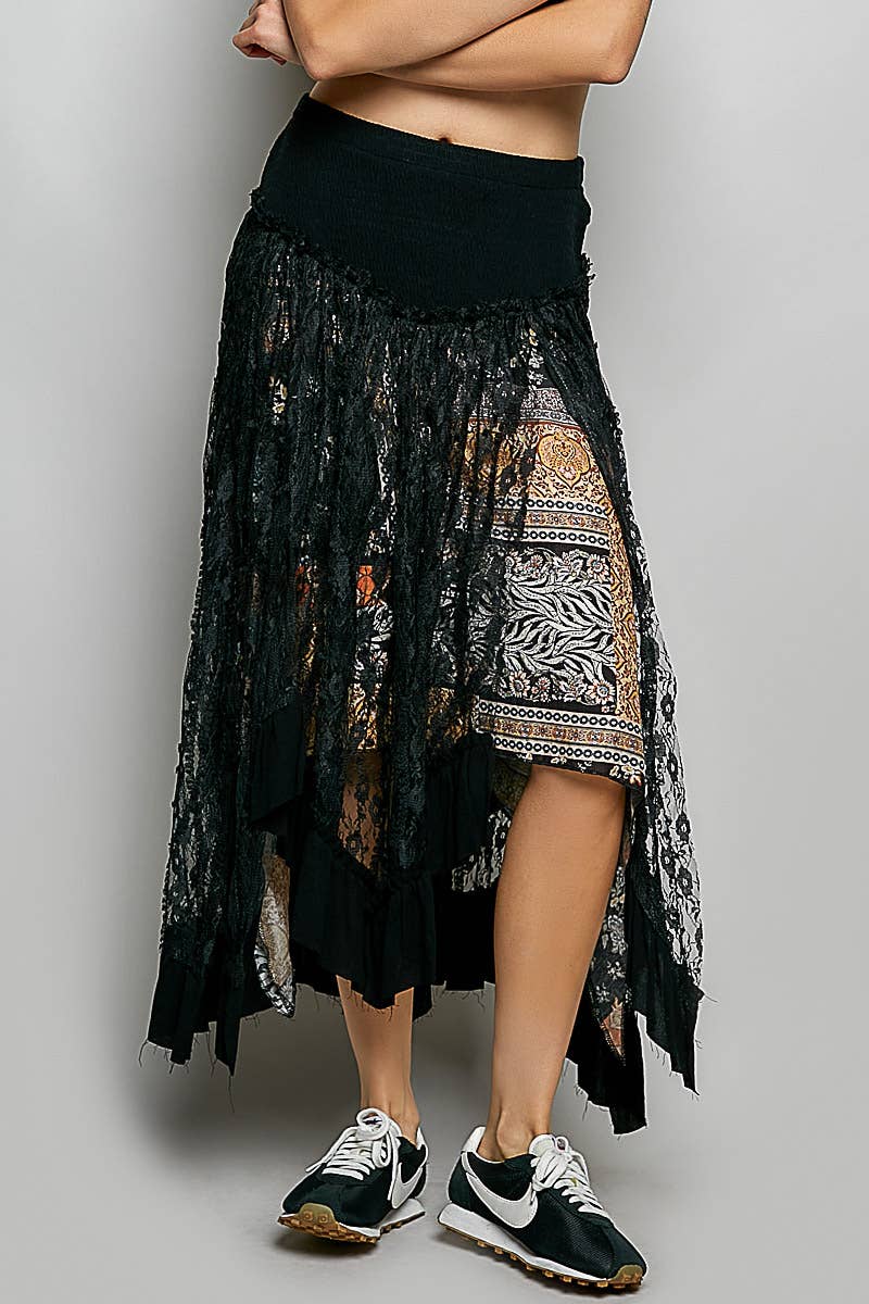 Ruffle Smocked Waist Solid Long Lace Skirt