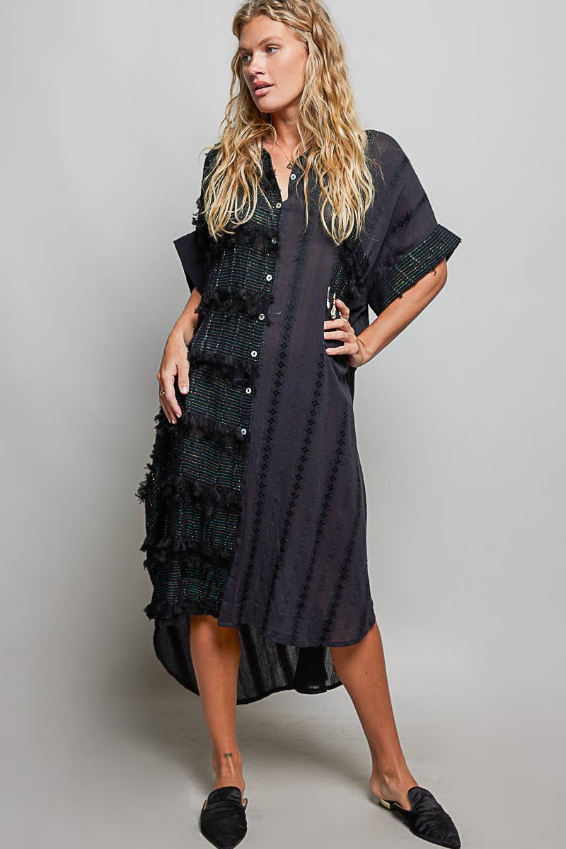 Dangle Trim Textured Cotton Oversized Long Shirt Dress
