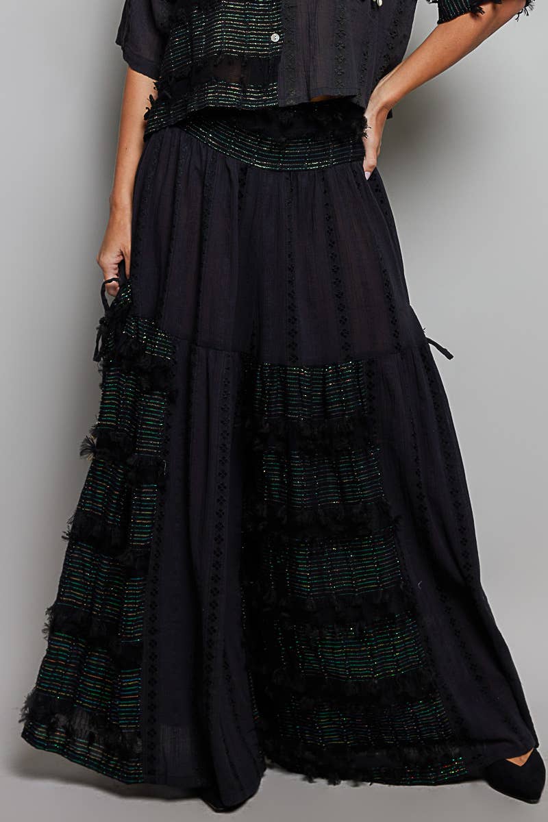 Boho Ruffle Contrast Shell Trim Wide Leg Pants