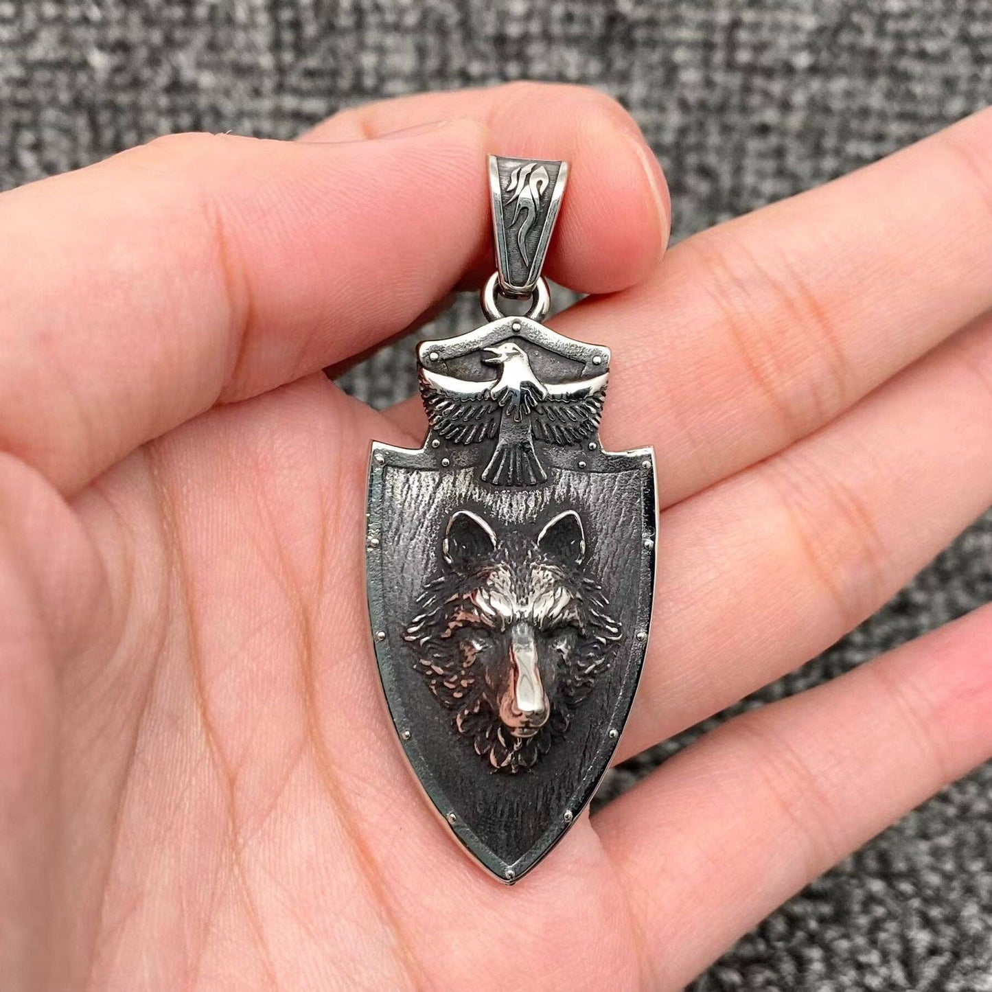 Stainless Steel Eagle & Wolf Head Shield Pendant
