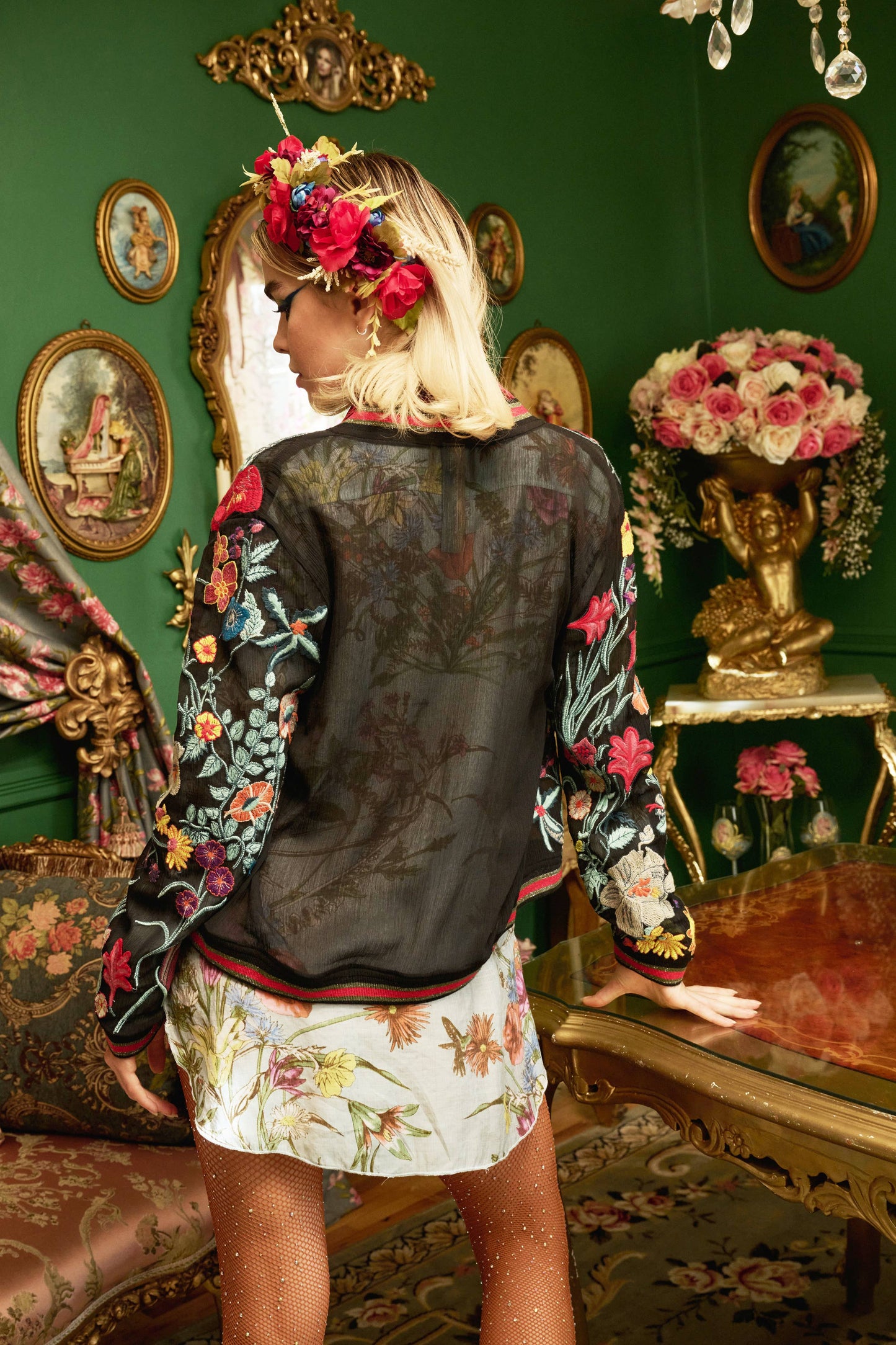 Bellezza Embroidered Bomber Jacket: Black Floral / M