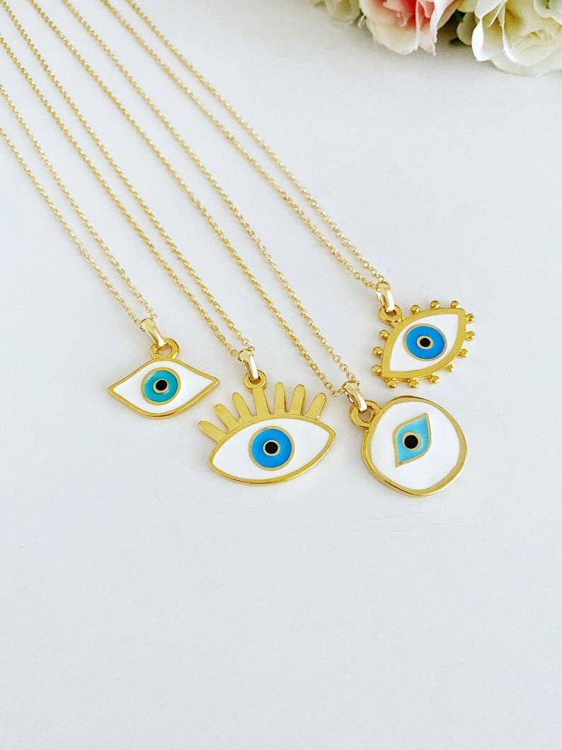 Evil Eye Necklace, White Evil Eye Bead, Gold Necklace, Eye-shaped Charm