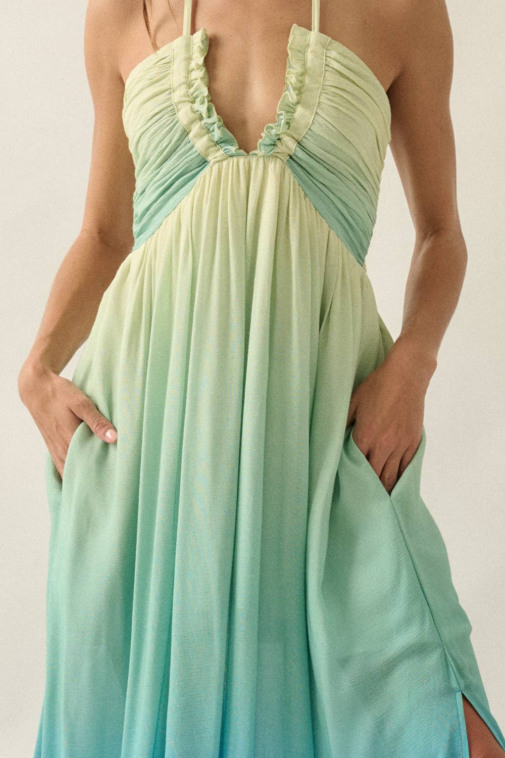 Ombre Crepe Tie-Back Halter Pocket Maxi Dress