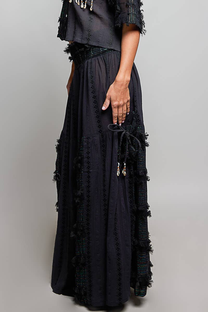 Boho Ruffle Contrast Shell Trim Wide Leg Pants