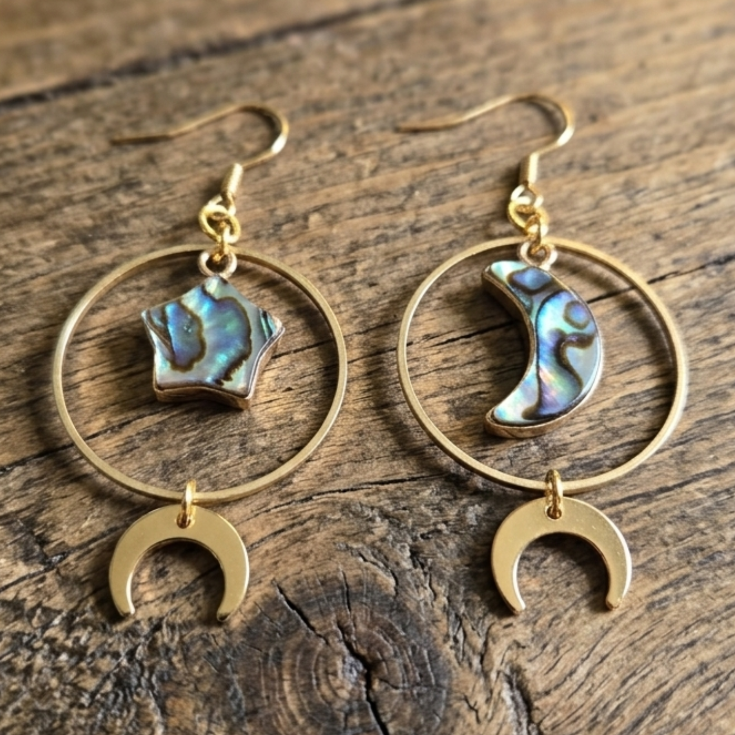 Abalone Star and Moon Gold Hoop Earrings – Celestial Asymmetrical Dangles