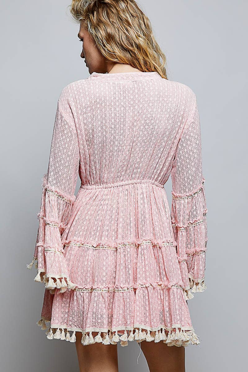 Split Embroidery Tassel Detail V-Neck Flared Short Dress