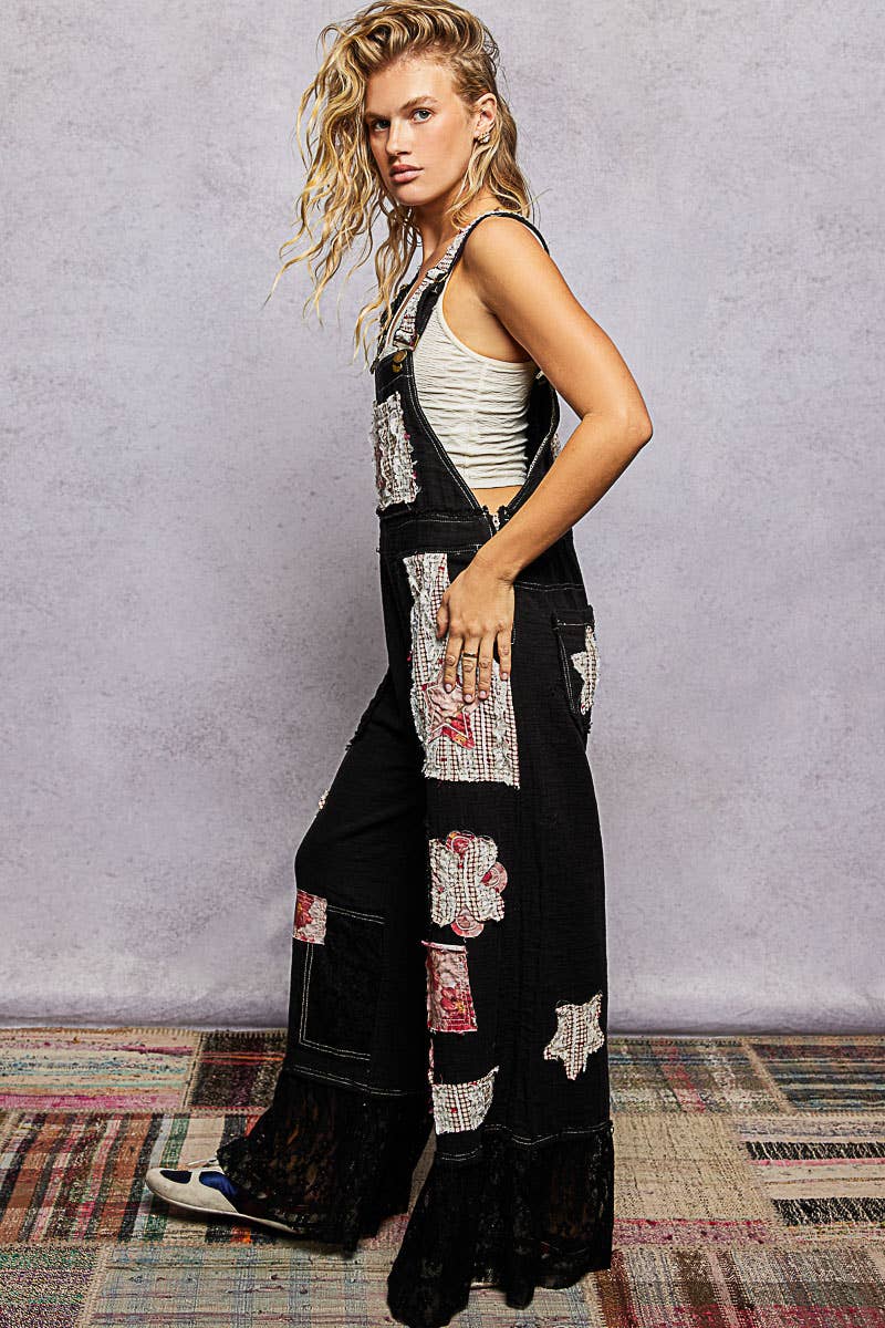 Double Gauze Lace Contrast Side Zipper Patchwork Overalls