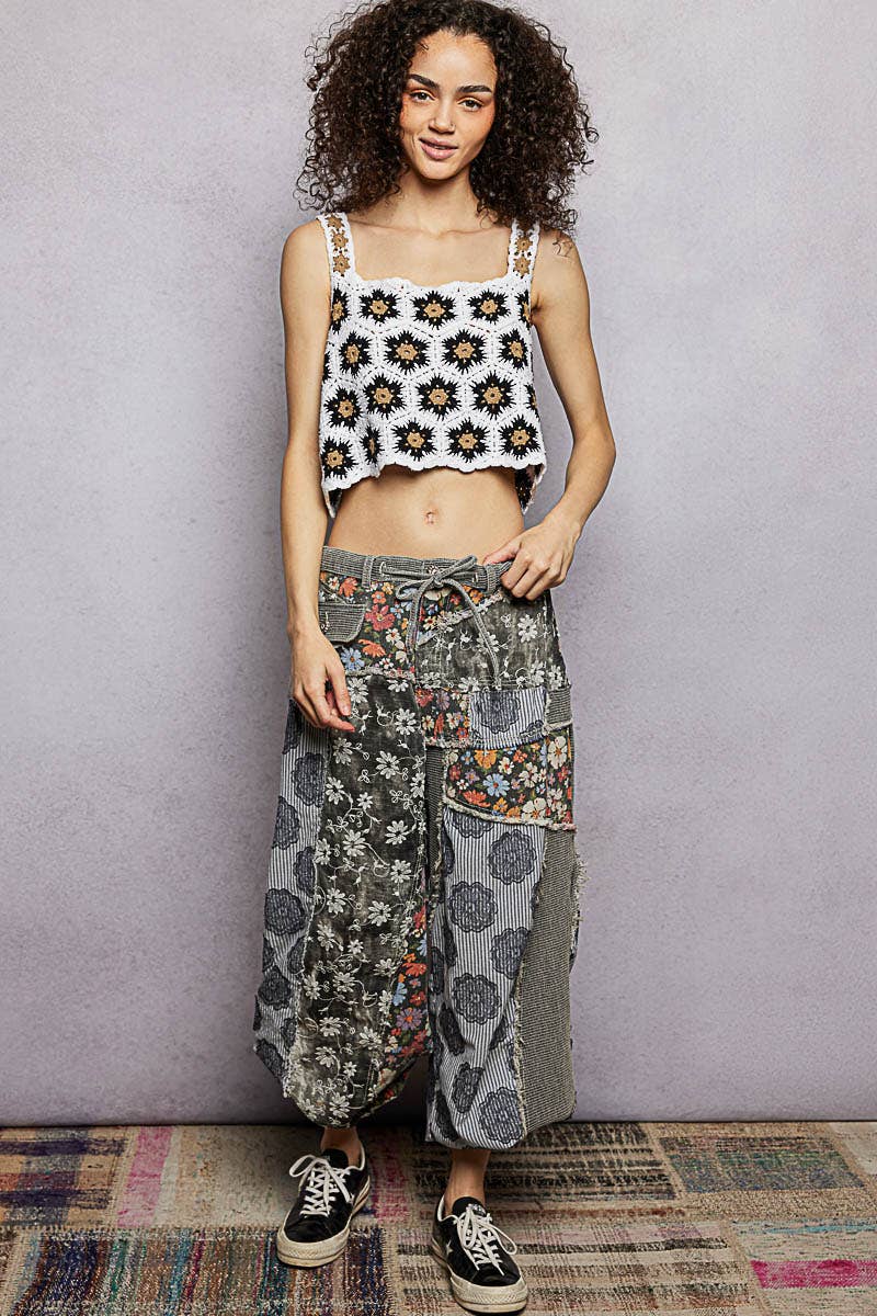 Jacquard Floral Twill Patch Waist Loop Jogger Pants