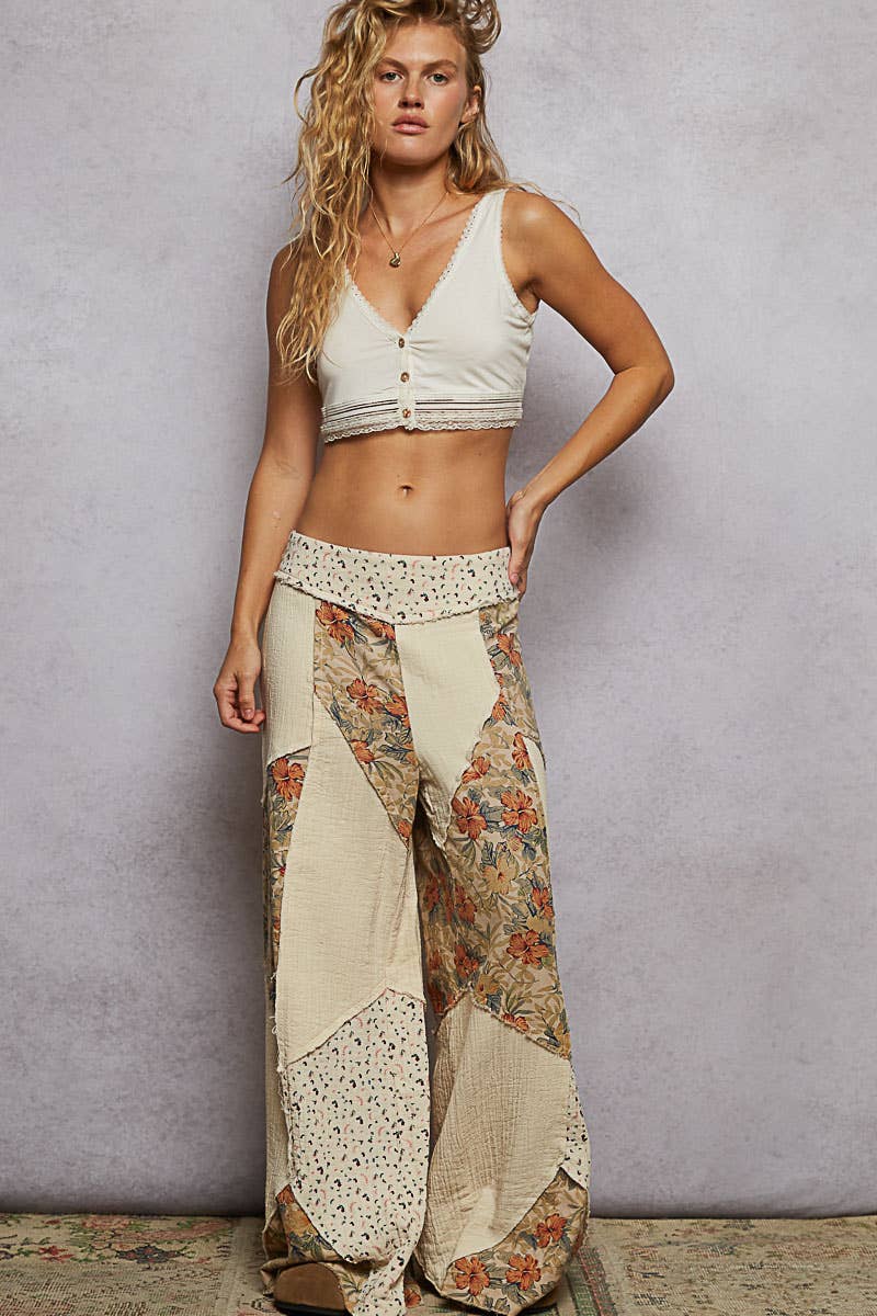 Double gauze varied printed patchwork woven pants: OLIVE or NATURAL