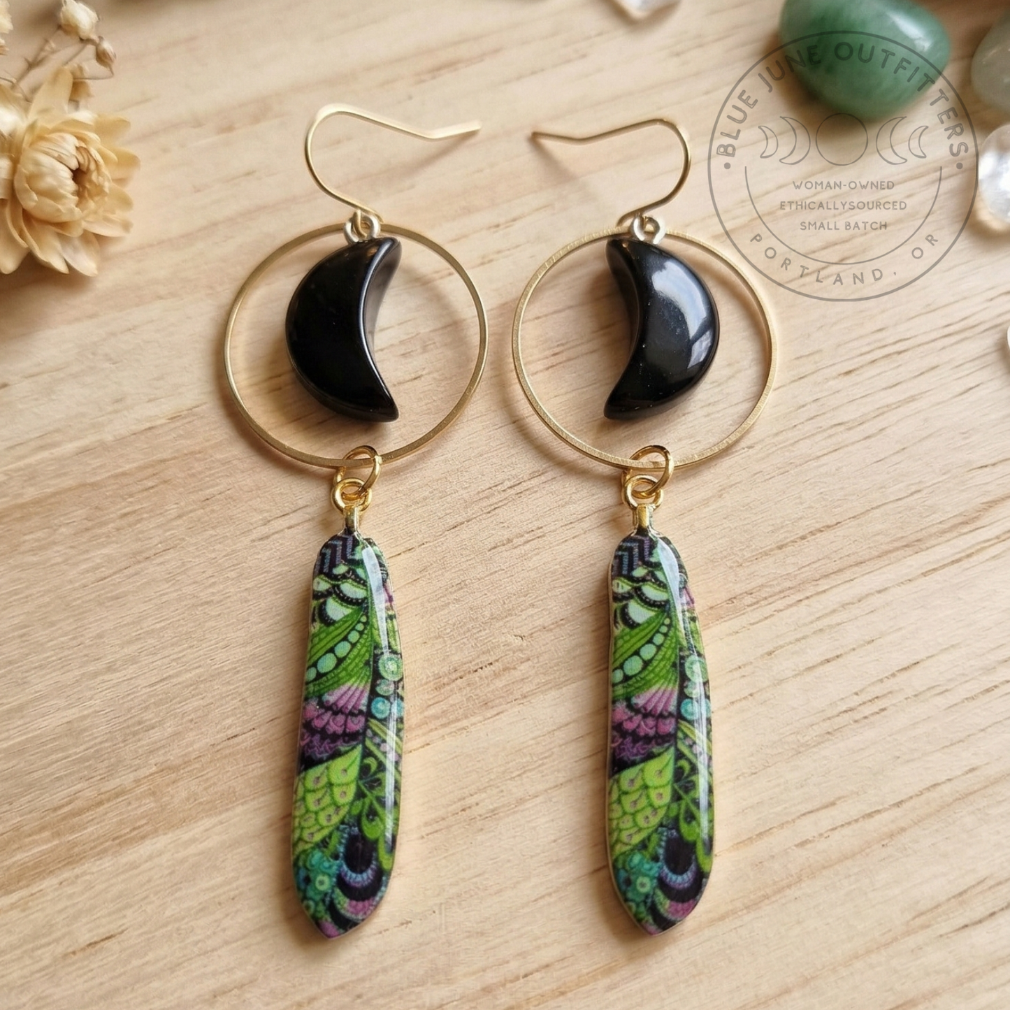 Bohemian Obsidian Feather Dangle Earrings