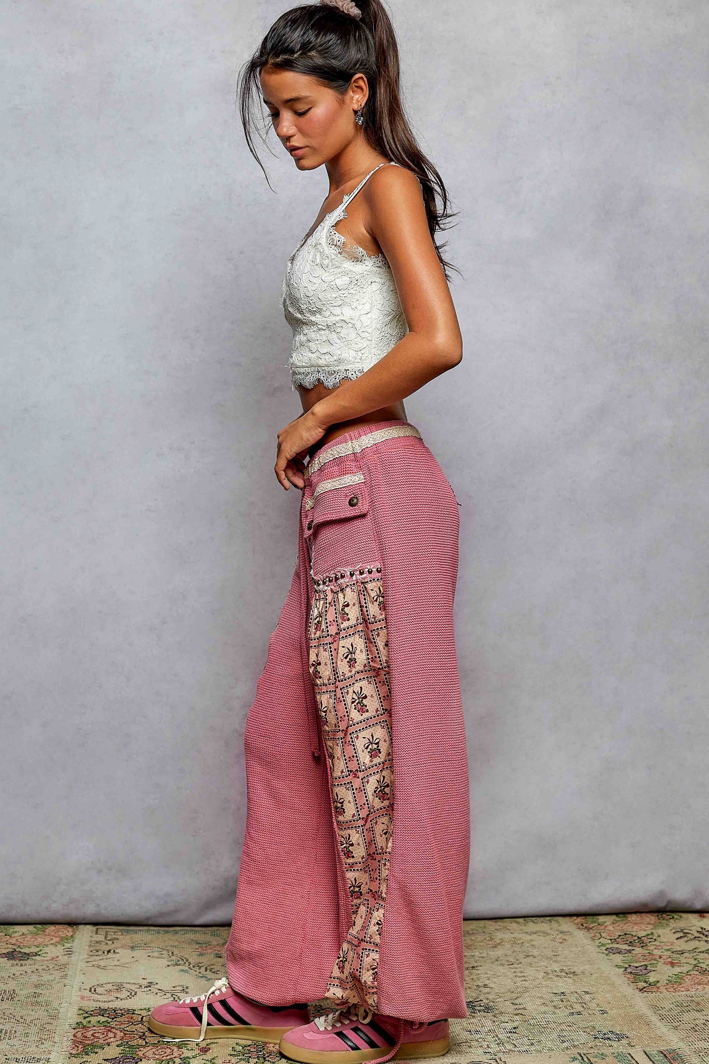 Elastic band floral print patch stud detail jogger pants: Pink or Sage