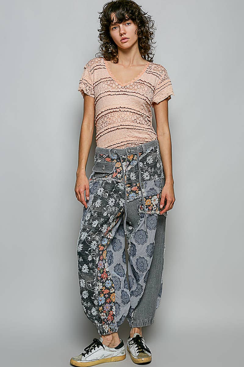 Jacquard Floral Twill Patch Waist Loop Jogger Pants