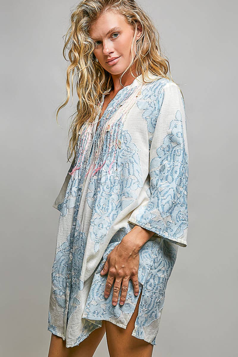 Lightweight Embroidered Cotton Pinstripe Tunic Dress