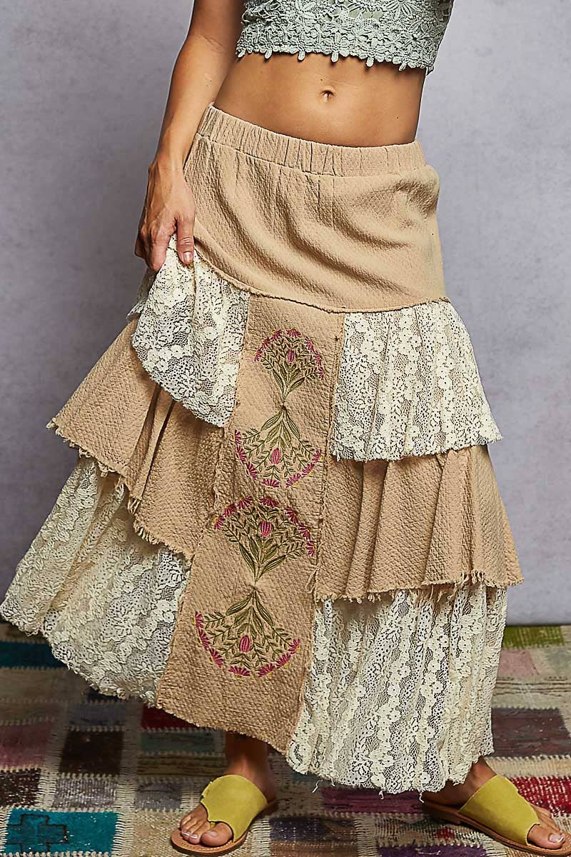 Vintage Double Gauze Lace Ruffle Floral Skirts: Natural, Latte
