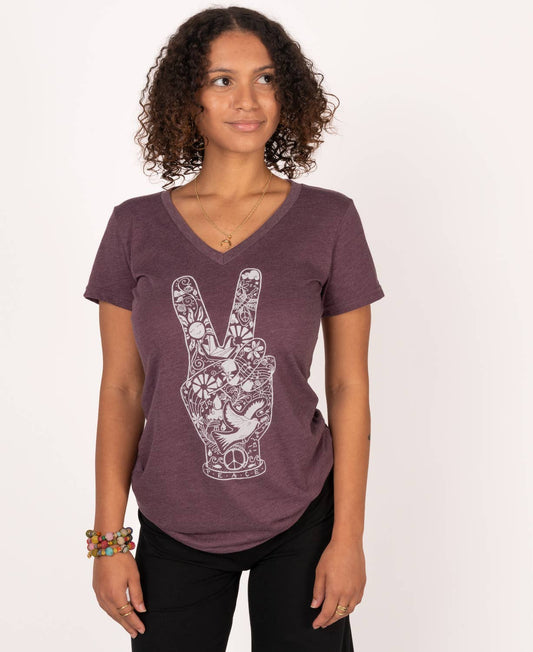 Peace Fingers V-Neck T-Shirt - Eco-Friendly Hippie Boho Tee: SM