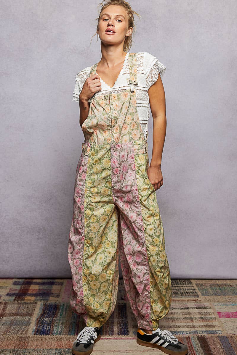 Boho Floral Print Lace Trim Woven Front Zip Overall