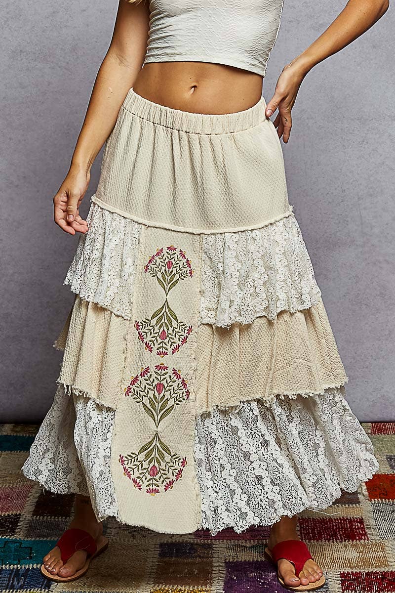 Vintage Double Gauze Lace Ruffle Floral Skirts: Natural, Latte