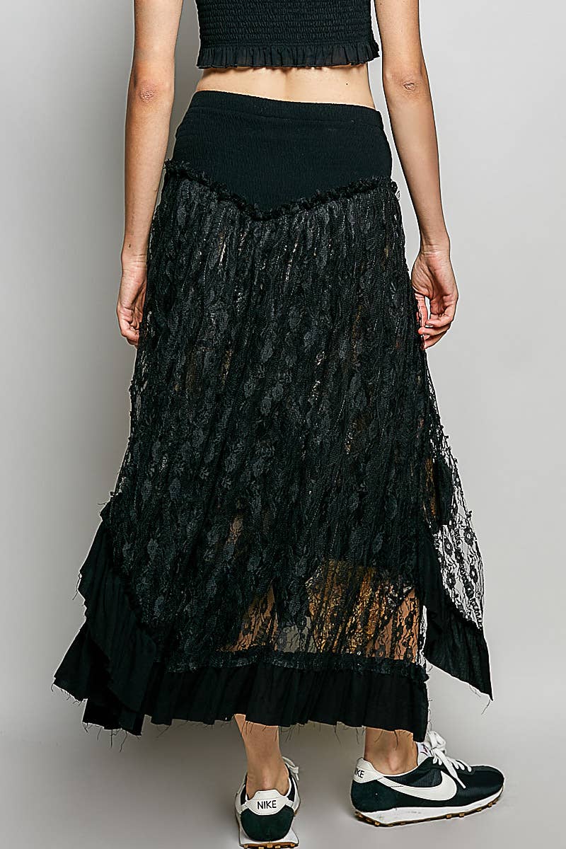 Ruffle Smocked Waist Solid Long Lace Skirt