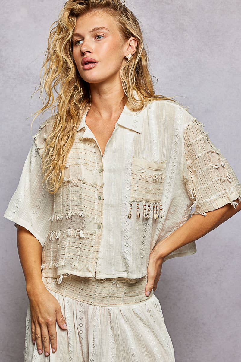 Boho Woven Texture Fringe Shell Beads Short Shirt Top