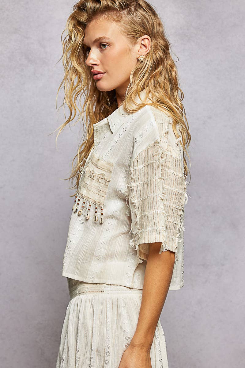 Boho Woven Texture Fringe Shell Beads Short Shirt Top