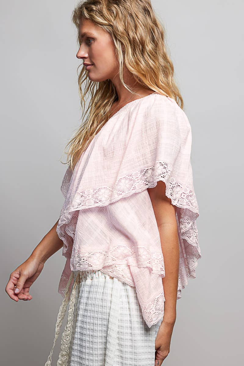 Lace Trim V Ruffle Detail Textured Woven Short Sleeve Top