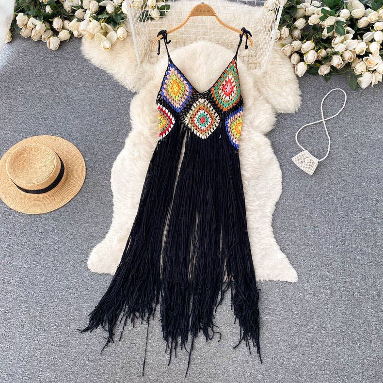 Crochet Tassel Midi Dress: BLACK / AVERAGE